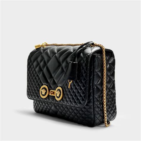 VERSACE Calfskin Icon Quilted Crossbody Black 